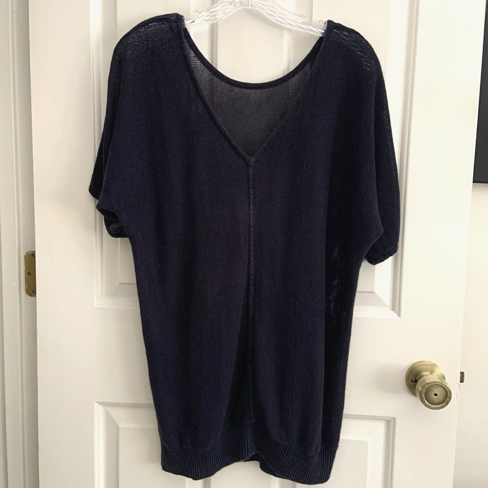 Talbots Sheer Mesh Open Knit LINEN Sweater Top Navy Blue Women sz L - Picture 5 of 10